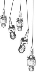 Grayscale sketch is showing five hanging bulbs on cords with square holders, transparent background