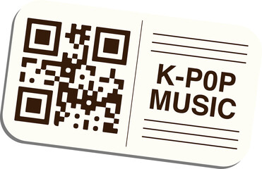Stylized flat ticket stub is floating on transparent background featuring QR code and K-POP MUSIC