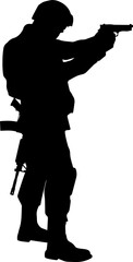 Showing silhouette figure taking firing stance, holding pistol, transparent background, copy space