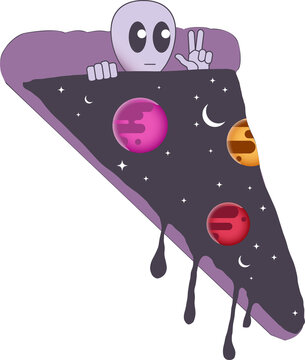 Naklejki Flat design alien is peeking over dripping cosmic panel waving peace sign on transparent background