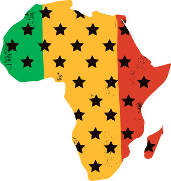 Naklejki Stylized African continent is displaying flat tricolor bands with black stars on transparent canvas