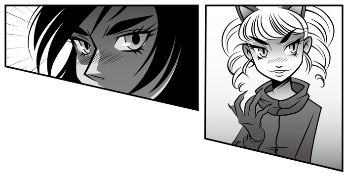 Fototapeta Manga panel showing intense gaze and pigtails character wearing cat ear headband, transparent