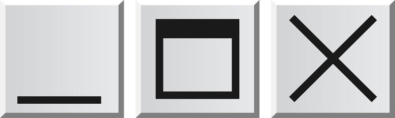 Showing trio of beveled window control icons casting shadows on transparent canvas in flat design