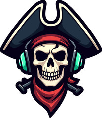 Pirate Skull Gamer Logo with Headset and Red Bandana – Vector Illustration