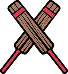 Crossing wooden bats forming X in flat vector, showing red grips and grain on transparent backdrop