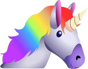 Vector illustration showing unicorn with blue eye, horn and rainbow mane on transparent background