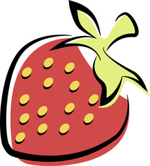 Flat strawberry is floating on transparent bg with yellow seeds black outline and green leaves