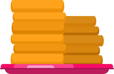 Stylized pancake stack is resting on bright pink plate in flat design, transparent background