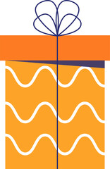 Flat design gift box is showing orange wave pattern with blue ribbon bow, transparent background
