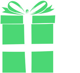 Flat vector is showing green gift box with white ribbon, bow and sparkles on transparent background