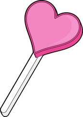 Flat design showing pink heart lollipop with white stick on transparent background, bold outlines