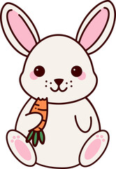 White cartoon rabbit sitting upright in flat design, holding bitten carrot, transparent background