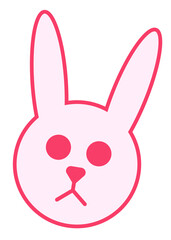 Flat design is showing pink bunny head with simple features and long ears on transparent background