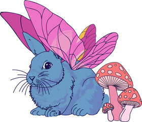 Flat blue butterfly-winged rabbit is resting on transparent background with three pink mushrooms