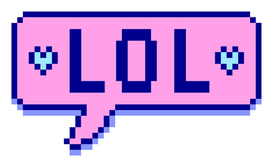 Pixel art speech bubble is showing LOL text with cyan-blue hearts on transparent background