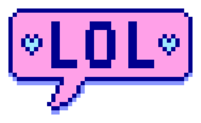 Pixel art speech bubble is showing LOL text with cyan-blue hearts on transparent background