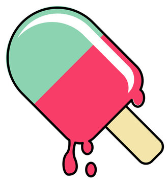 Naklejki Mint green and pink popsicle is dripping on wooden stick in flat design transparent background