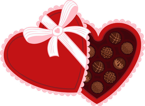 Naklejki Flat heart gift box showing truffles  and  heart-emblem ribbon with pink trim on transparent backgro