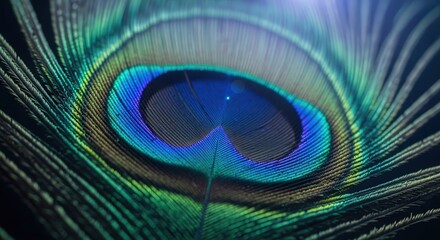 Naklejka premium Closeup Vibrant Peacock Feather with Iridescent Blue Green and Gold Colors Macro Photography