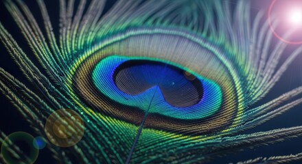 Naklejka premium Closeup Vibrant Peacock Feather with Iridescent Blue Green Eye Pattern and Soft Lighting