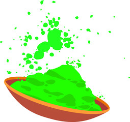 Flat design showing oval orange bowl splashing bright green powder droplets, transparent background
