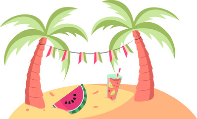 Flat design vignette is showing palms with pennant flags, watermelon, drink, transparent background