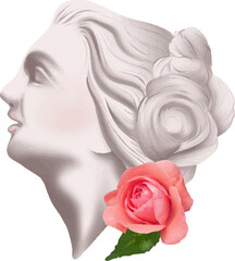 3D render is showing marble bust with pink rose, green leaf on transparent background, copy space