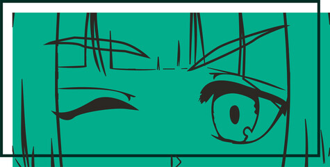 Minimalist vector is showing anime face with open eye lashes and bangs on transparent background