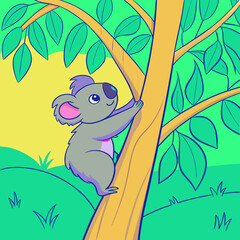 Cartoon koala climbing a tree in a vibrant natural setting 