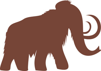 Flat silhouette is showing tusked woolly mammoth facing right on transparent background, copy space