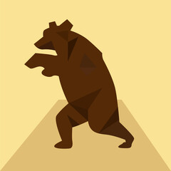 Low-poly brown bear is standing upright, raising forelegs on beige base with transparent background