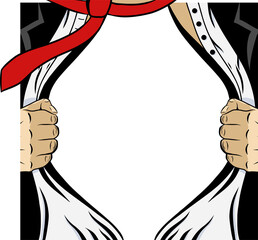 Cartoon torso is ripping open black jacket, shirt, red scarf on transparent background, copy space
