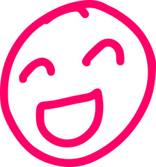 Presenting cartoon smiley emoji in magenta on transparent background with closed eyes and open grin