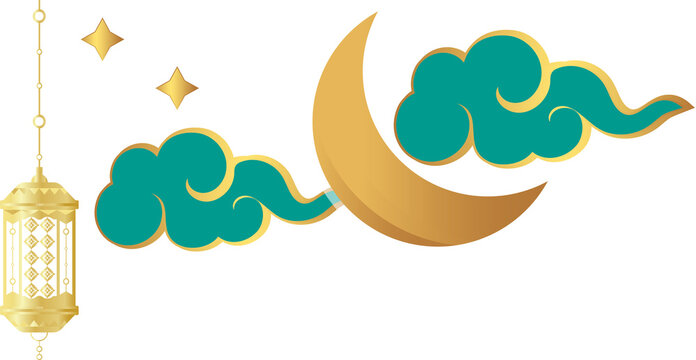 Naklejki Floating vector night motif with gold moon, lantern amid green clouds and stars on clear backdrop