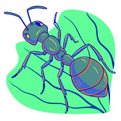 Cartoon ant resting on a leaf with a colorful background 