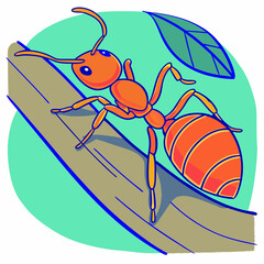 Cartoon ant climbing on a branch with a green background 