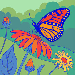 Colorful butterfly perched on a vibrant flower in a botanical garden 