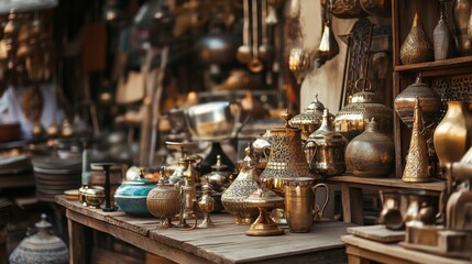 Traditional metal market with antique pots and kettles for culture photography rustic vintage oriental old trade decor