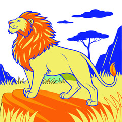Proud cartoon lion standing on a rock in a vibrant savannah landscape 