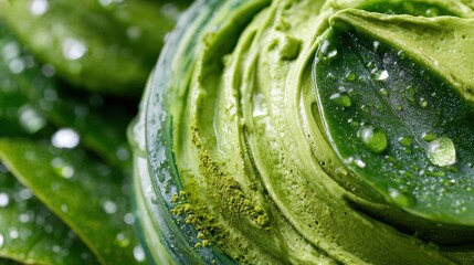 Closeup of creamy matcha surrounded by lush leaves exuding freshness and natural beauty