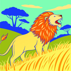 Cartoon lion roaring majestically in a savannah landscape 