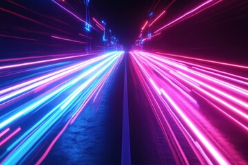 Neon light trails create dynamic horizontal movement in a dark urban setting, Realistic neon lines speeding, horizontal light movement effect