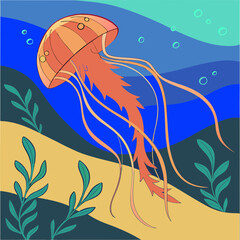 Colorful jellyfish swimming gracefully in the ocean with sea plants 