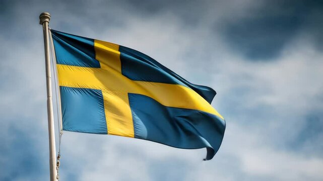 Swedish flag billows gracefully against sky. Blue and yellow colors symbolize the country's heritage and pride. Golden cross represents Christianity and unity. Freedom and national identity.