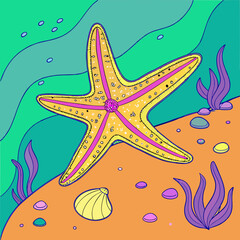 Cartoon starfish on the ocean floor with colorful sea plants 