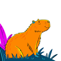 Cartoon capybara sitting peacefully in a colorful grassland 