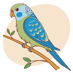 Cartoon budgerigar perched on a branch with a soft background 