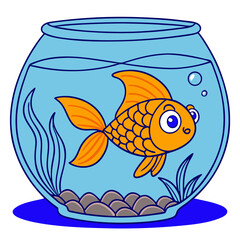 Cartoon goldfish swimming in a bowl filled with water and plants with no background