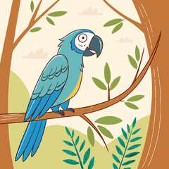 Cartoon parrot sitting on a branch in a colorful forest 