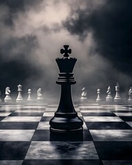 Dramatic Black King Chess Piece on Misty Board, Symbol of Power and Leadership, Lone Black King on Smoky Chessboard, Bold Black Chess King Standing Tall in Hazy Atmosphere